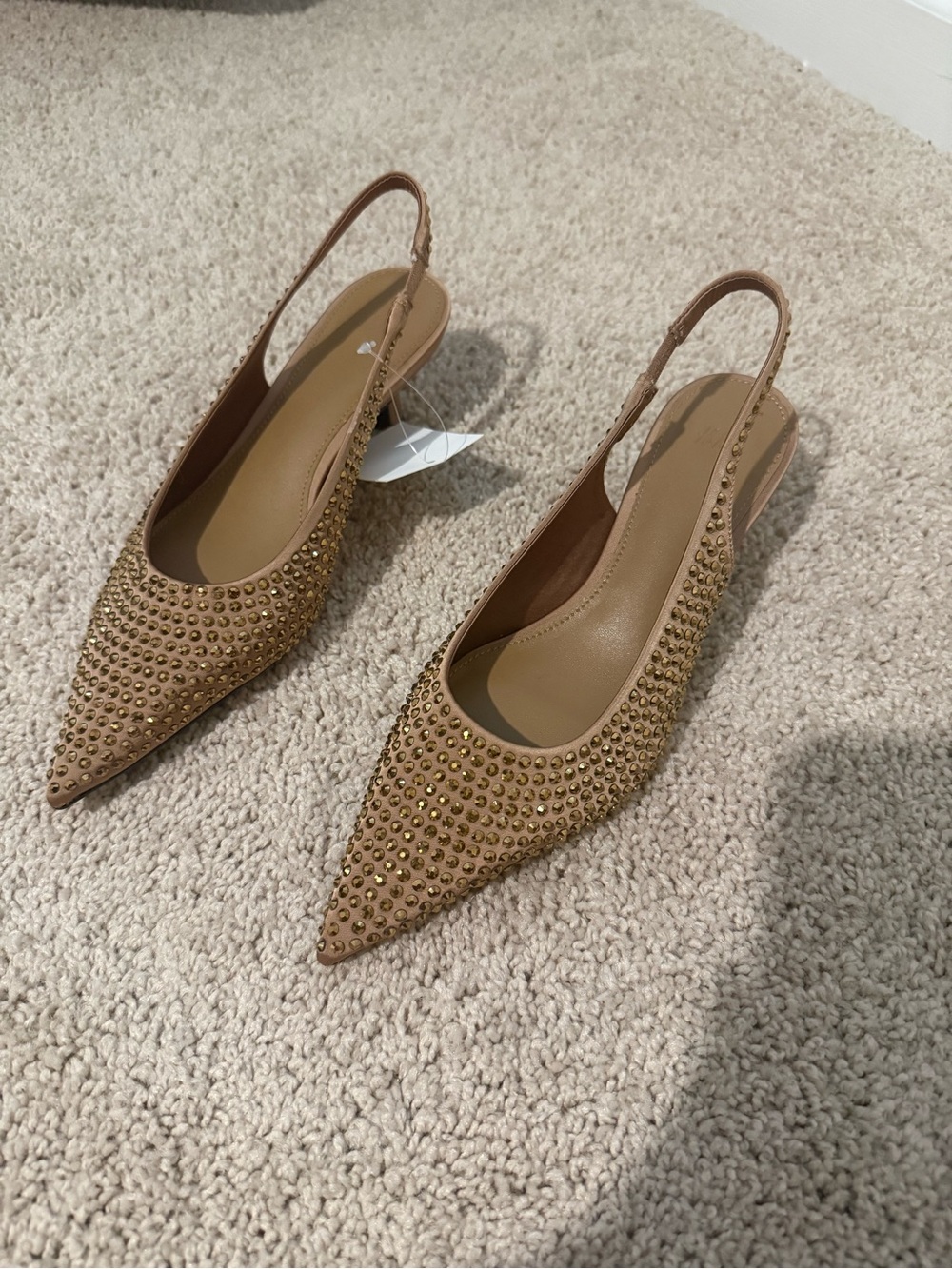 Studded Pointed-Toe Slingback Kitten Heels